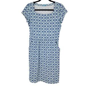 J. McLaughlin Blue and White Pockets Short Sleeve Swing Dress Size Small